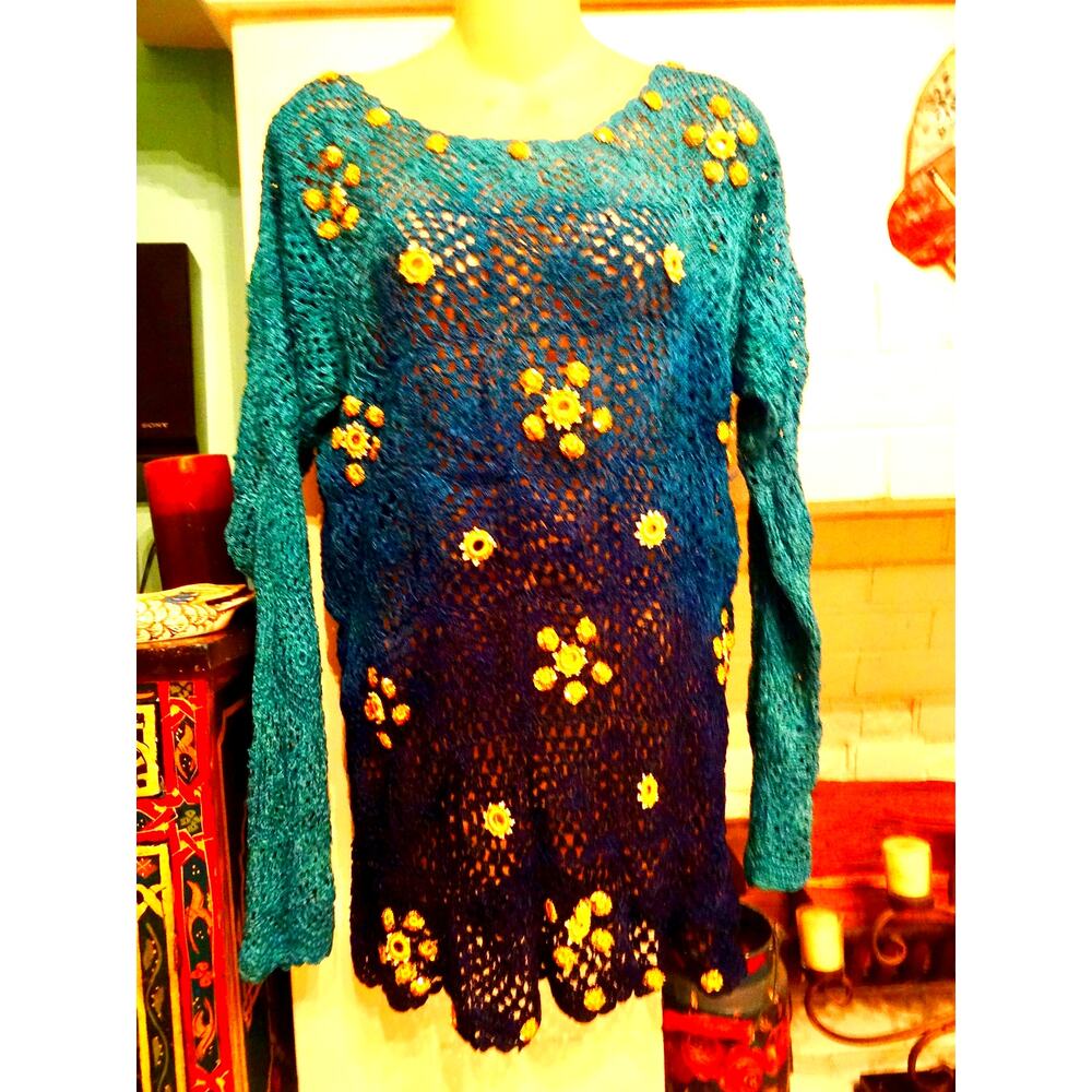 VINTAGE DIP DYE OMBRE MIRRORED CELESTIAL CROCHET COTTON SWEATER TINY PEARLS